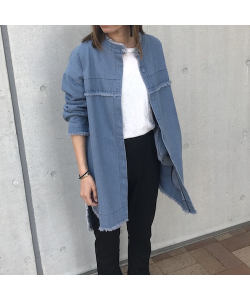 copine（コピン）の「ヴィンテージ加工ノーカラーカットオフロングデニムコート（2color）（デニムジャケット・レディース・その他）」の3枚目の写真