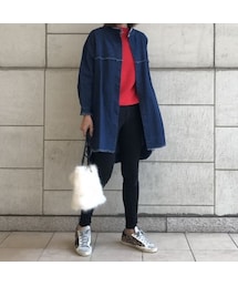 copine | ヴィンテージ加工ノーカラーカットオフロングデニムコート（2color）(デニムジャケット)