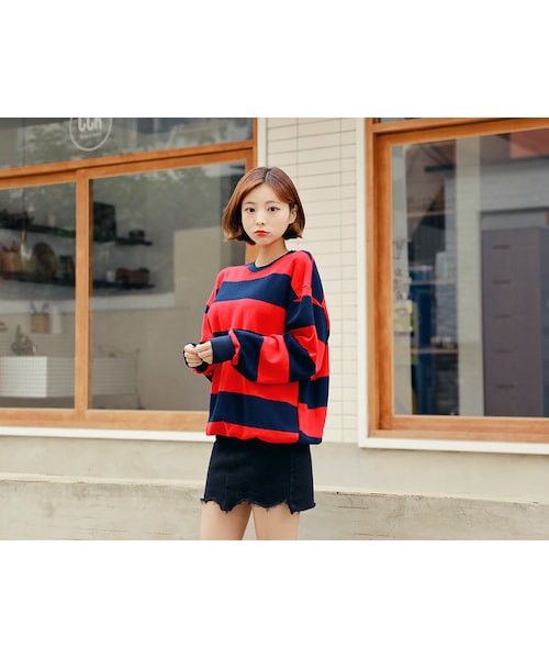 HOTPING（ホッピン）の「裏起毛バイカラーボーダープルオーバー（その他トップス・レディース・ピンク/レッド/イエロー/ベージュ/グリーン/グレー・フリーサイズ(XS-XL)）」の6枚目の写真