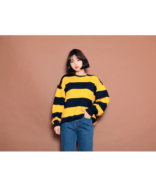HOTPING（ホッピン）の「裏起毛バイカラーボーダープルオーバー（その他トップス・レディース・ピンク/レッド/イエロー/ベージュ/グリーン/グレー・フリーサイズ(XS-XL)）」の5枚目の写真