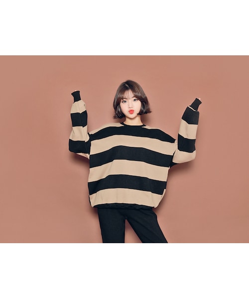 HOTPING（ホッピン）の「裏起毛バイカラーボーダープルオーバー（その他トップス・レディース・ピンク/レッド/イエロー/ベージュ/グリーン/グレー・フリーサイズ(XS-XL)）」の3枚目の写真