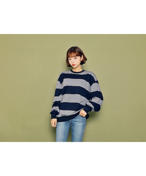 HOTPING（ホッピン）の「裏起毛バイカラーボーダープルオーバー（その他トップス・レディース・ピンク/レッド/イエロー/ベージュ/グリーン/グレー・フリーサイズ(XS-XL)）」の2枚目の写真