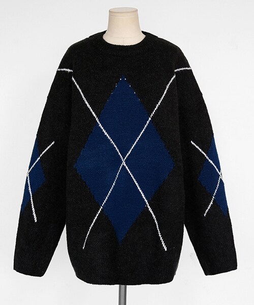 DHOLIC（ディーホリック）の「オーバーサイズアーガイルニットプルオーバー（ニット/セーター・レディース・ブルー/グレー/ブラック・FREE）」の2枚目の写真