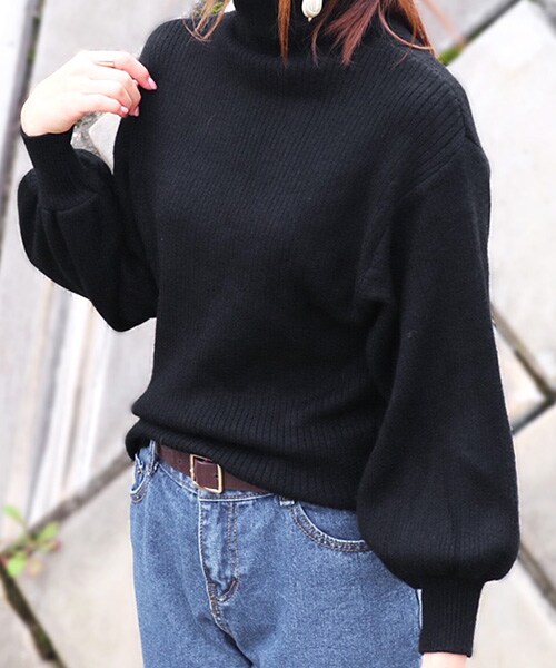 Tiffee SELECT（ティフィーセレクト）の「ボトルネックボリューム袖リブニットトップス（ニット/セーター・レディース・キャメル/グレー/ブラック・Free）」の2枚目の写真