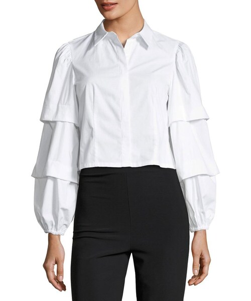 CLUB MONACO（クラブモナコ）の「Club Monaco Gislah Tiered-Sleeves Button-Front Cropped Oxford Top（シャツ/ブラウス・レディース・White・X-Small/Large/Medium/Small）」の5枚目の写真