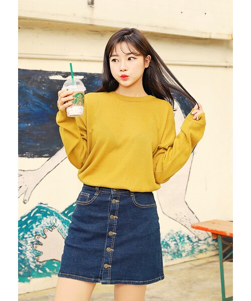 HOTPING（ホッピン）の「ドロップショルダーラウンドネックニット（ニット/セーター・レディース・ブラック/オリーブ/アイボリー/グリーン/ベージュ/ブラウン/ブルー/ピンク・1(フリーサイズ)/2(L-XL)/1(XS-S)）」の8枚目の写真