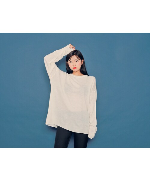 HOTPING（ホッピン）の「ドロップショルダーラウンドネックニット（ニット/セーター・レディース・ブラック/オリーブ/アイボリー/グリーン/ベージュ/ブラウン/ブルー/ピンク・1(フリーサイズ)/2(L-XL)/1(XS-S)）」の2枚目の写真