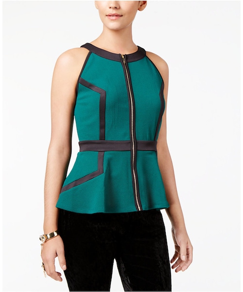 Thalia Sodi（タリア・ソディ）の「Thalia Sodi Zip-Front Peplum Top, Created for Macy's（Tシャツ/カットソー・レディース・White/Green/Gold/Golden Treasure・XS/S/M/L/XL/XXL）」の2枚目の写真