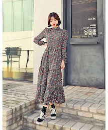 HOTPING | チャイナカラー小花柄シャーリングワンピース(ワンピース)