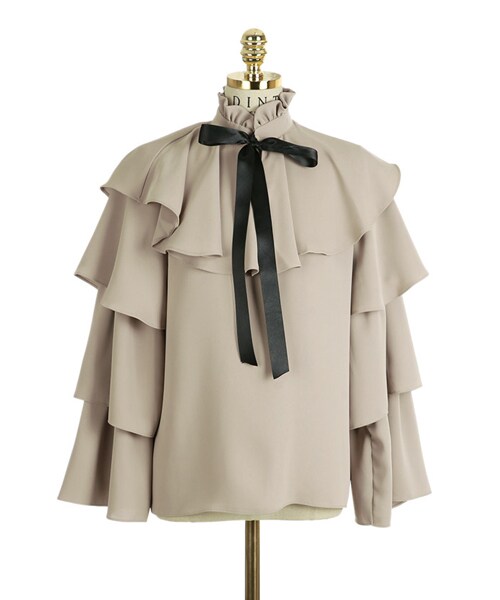 DINT（ディント）の「パメラダブルフリルブラウス（シャツ/ブラウス・レディース・White/Black/Beige・one(44~66size)）」の4枚目の写真