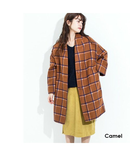 Sheson(シーズン)の「Sheson(シーズン)Vネックチェックコクーンコート(その他アウター・レディース・キャメル/ネイビー/グレー・Fサイズ)」の1枚目の写真