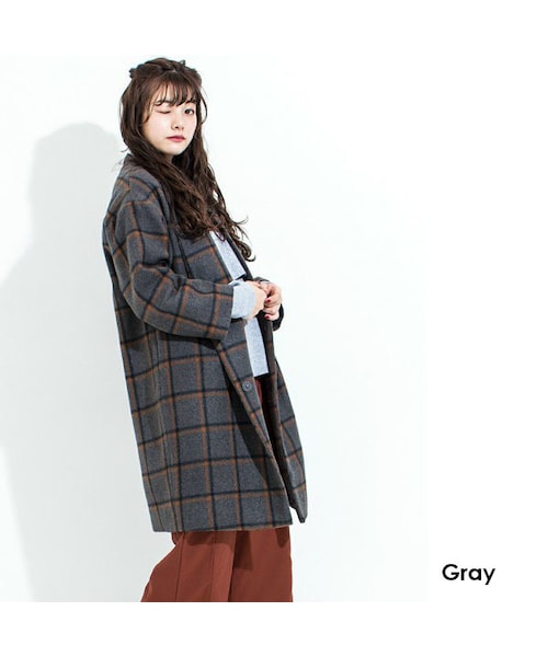 Sheson(シーズン)の「Sheson(シーズン)Vネックチェックコクーンコート(その他アウター・レディース・キャメル/ネイビー/グレー・Fサイズ)」の2枚目の写真