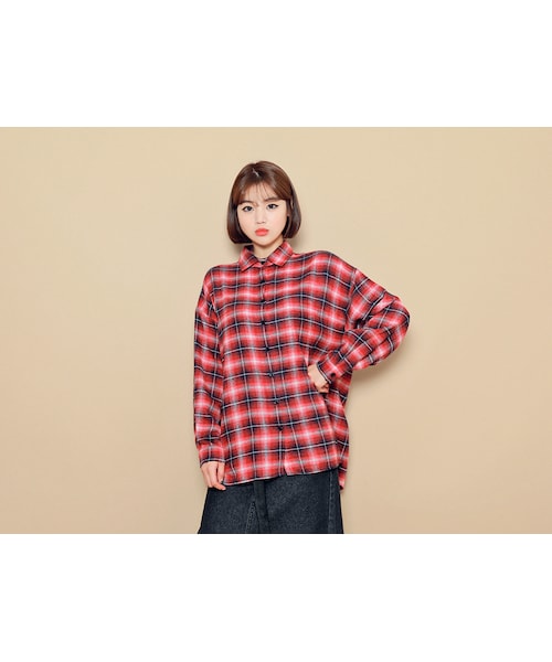 HOTPING（ホッピン）の「アンバランスヘムルーズフィットチェックシャツ（シャツ/ブラウス・レディース・ブルー/ワイン/ネイビー・1(フリーサイズ)/2(L-XXL)）」の2枚目の写真