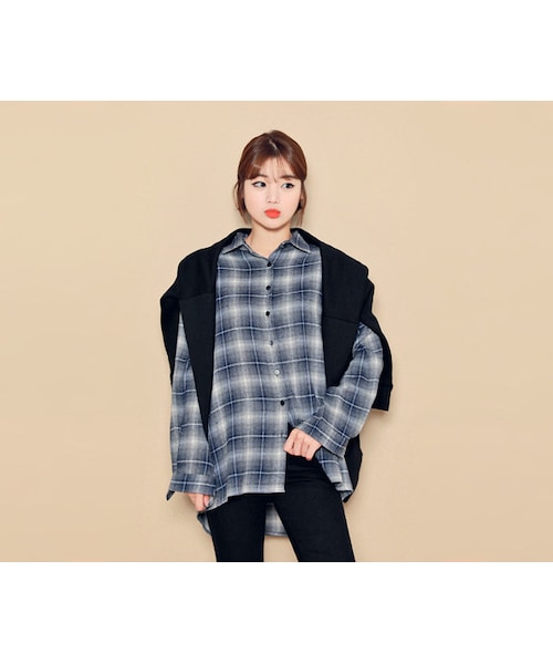 HOTPING（ホッピン）の「アンバランスヘムルーズフィットチェックシャツ（シャツ/ブラウス・レディース・ブルー/ワイン/ネイビー・1(フリーサイズ)/2(L-XXL)）」の3枚目の写真