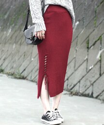 Tiffee SELECT | レースアップスリットリブニットタイトスカート(スカート)