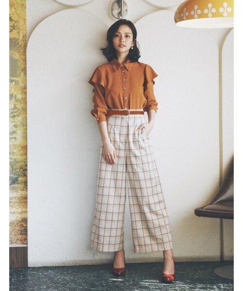 Marjorie（マージョリー）の「淡定奶茶，奶油色方格高腰寬褲（トップス・レディース・英倫格紋・S/M）」の5枚目の写真