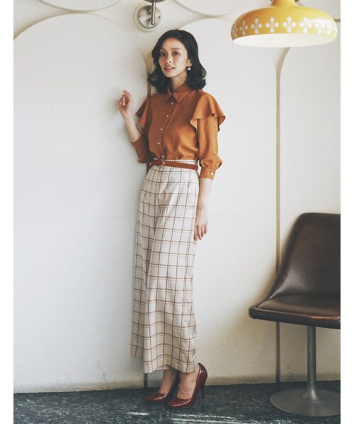 Marjorie（マージョリー）の「淡定奶茶，奶油色方格高腰寬褲（トップス・レディース・英倫格紋・S/M）」の4枚目の写真