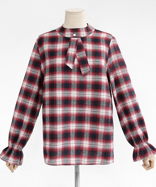 DHOLIC（ディーホリック）の「ネックディテールチェックブラウス（シャツ/ブラウス・レディース・その他/レッド/ブラウン・FREE）」の3枚目の写真