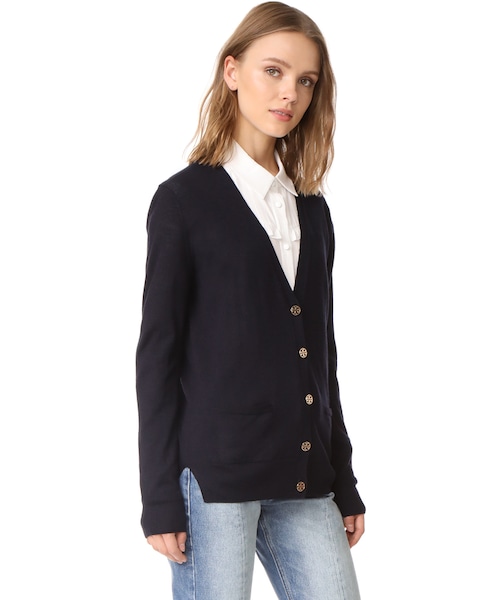 新品未使用☆TORY BURCH Vネックカーディガン 金ロゴボタン 定番 黒 TORY BURCH カーディガン M