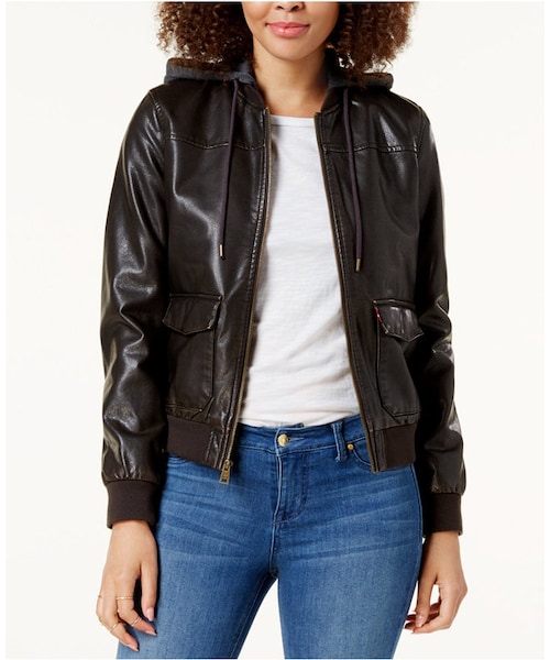 leather hooded bomber jacket