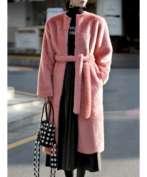 DINT(ディント)の「シアにソフトファーコート(ベルトset)(その他アウター・レディース・Pink/Green・one(44~66size))」の1枚目の写真