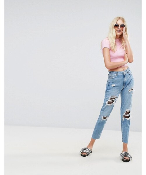 Bershka(ベルシュカ)の「Bershka Distressed Fish Net Mom Jean(デニムパンツ・レディース・Blue・US 4/US 8/US 10/US 2/US 6)」の3枚目の写真