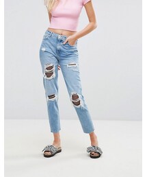 Bershka | Bershka Distressed Fish Net Mom Jean(デニムパンツ)