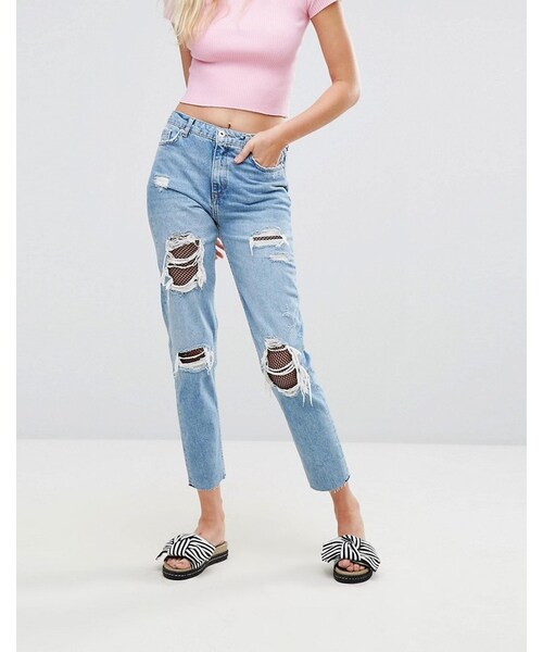 Bershka(ベルシュカ)の「Bershka Distressed Fish Net Mom Jean(デニムパンツ・レディース・Blue・US 4/US 8/US 10/US 2/US 6)」の1枚目の写真