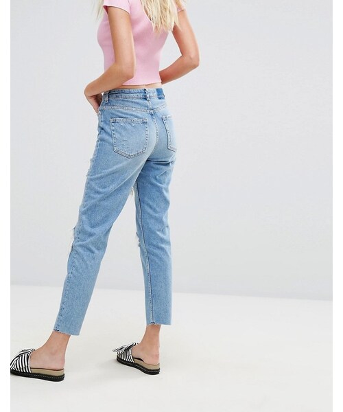 Bershka(ベルシュカ)の「Bershka Distressed Fish Net Mom Jean(デニムパンツ・レディース・Blue・US 4/US 8/US 10/US 2/US 6)」の2枚目の写真