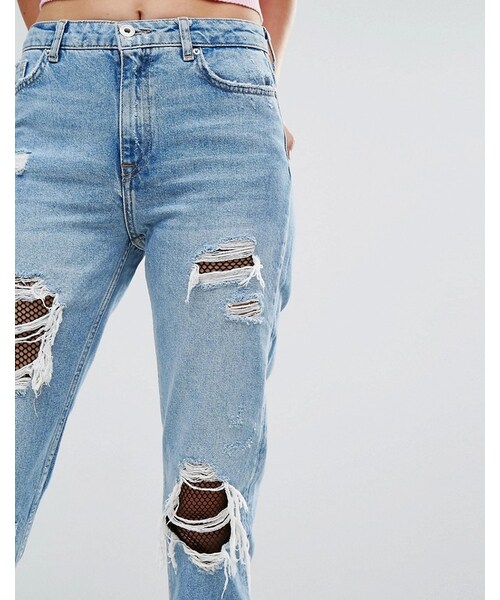 Bershka(ベルシュカ)の「Bershka Distressed Fish Net Mom Jean(デニムパンツ・レディース・Blue・US 4/US 8/US 10/US 2/US 6)」の4枚目の写真