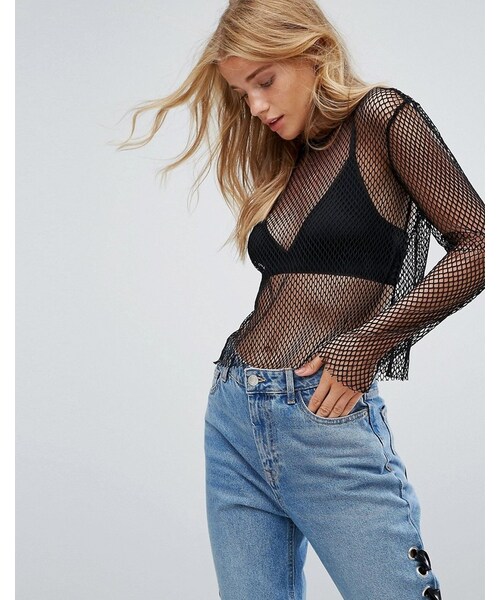 Bershka(ベルシュカ)の「Bershka Long Sleeve Fish Net Top(トップス・レディース・Black・M/S)」の1枚目の写真