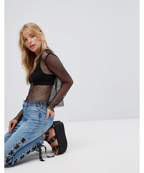 Bershka(ベルシュカ)の「Bershka Long Sleeve Fish Net Top(トップス・レディース・Black・M/S)」の2枚目の写真