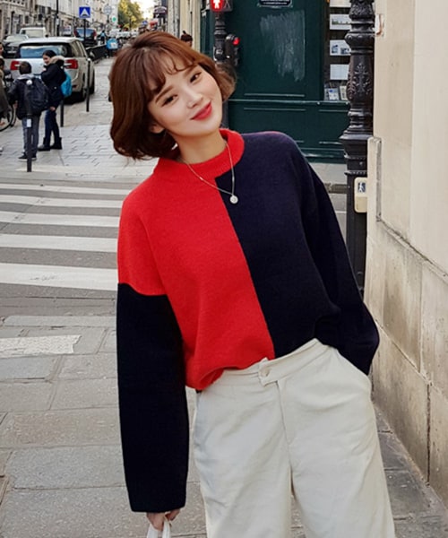 DHOLIC（ディーホリック）の「バイカラーラウンドネックニット（ニット/セーター・レディース・ブラウン/レッド/パープル・FREE）」の3枚目の写真