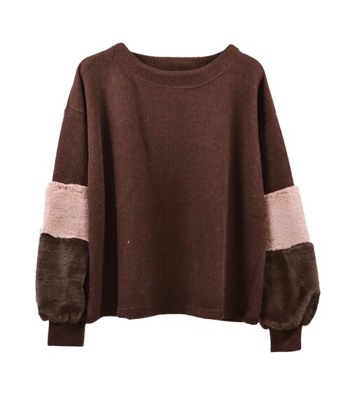 STYLEBLOCK（スタイルブロック）の「サカリバ起毛×フェイクファースリーブプルオーバー（Tシャツ/カットソー・レディース・ブラウン/ネイビー/ブラック/アイボリー・M）」の3枚目の写真