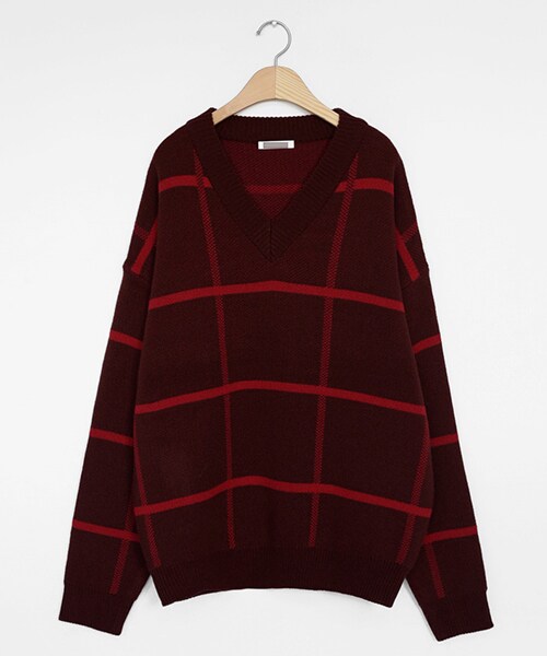 DHOLIC（ディーホリック）の「チェックパターンVネックニット（ニット/セーター・レディース・ブラウン/ブルー/ブラック/ホワイト/レッド・FREE）」の5枚目の写真