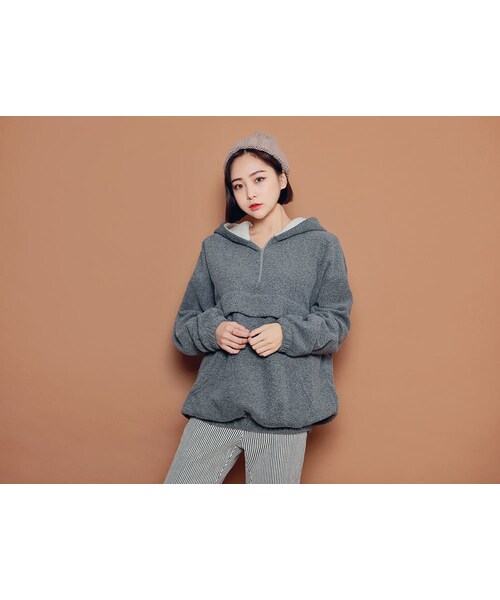 HOTPING（ホッピン）の「フロントポケットボアフードパーカー（その他トップス・レディース・ネイビー/ブラウン/グレー/ピンク/カーキ/ブラック・フリーサイズ(XS-XL)）」の3枚目の写真