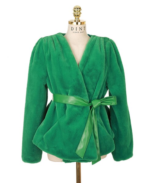 DINT（ディント）の「レディースファージャケット（ベルトset）（その他アウター・レディース・Black/Green・one(44~66size)）」の3枚目の写真