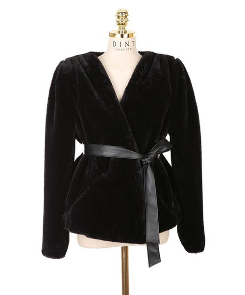 DINT（ディント）の「レディースファージャケット（ベルトset）（その他アウター・レディース・Black/Green・one(44~66size)）」の2枚目の写真