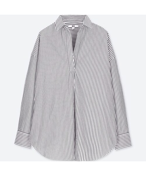 UNIQLO（ユニクロ）の「エクストラファインコットンストライプシャツ（長袖）（シャツ/ブラウス・レディース・YELLOW 43/NAVY 69/BLUE 63・M/XS/XXL/S/L/XL/3XL）」の2枚目の写真