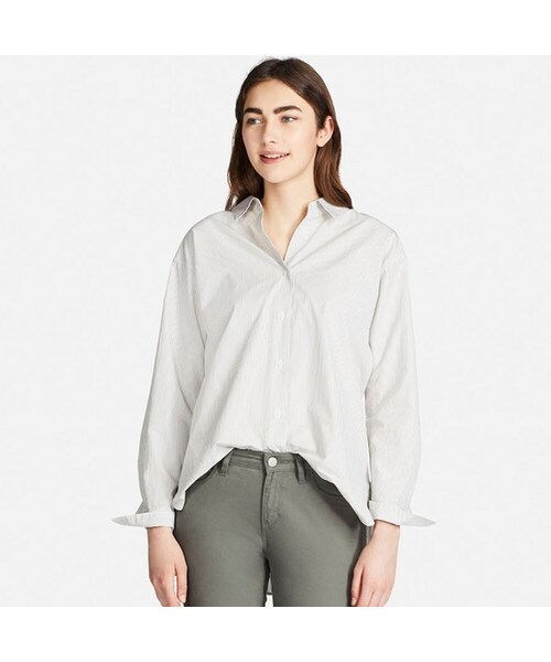 UNIQLO（ユニクロ）の「エクストラファインコットンストライプシャツ（長袖）（シャツ/ブラウス・レディース・BLUE 64/GREEN 52・XL/L/S/3XL/XS/M/XXL）」の2枚目の写真