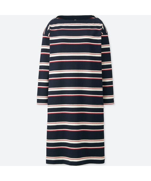 UNIQLO（ユニクロ）の「ボーダーボートネックワンピース（長袖）（ワンピース・レディース・BEIGE 32/RED 16・L/XL/S/XXL/XS/M）」の2枚目の写真