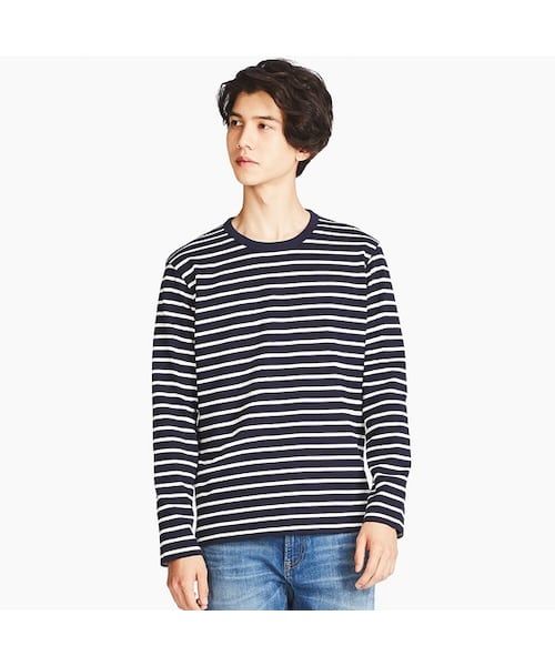 UNIQLO（ユニクロ）の「ウォッシュボーダーT（長袖）（Tシャツ/カットソー・メンズ・RED 14/NAVY 69/WHITE 00・S/M/L/XXL）」の3枚目の写真