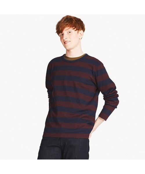 UNIQLO（ユニクロ）の「ウォッシュボーダーT（長袖）（Tシャツ/カットソー・メンズ・BLUE 68/WINE 18・XL/XS/L/XXL/4XL/S/M/3XL）」の2枚目の写真