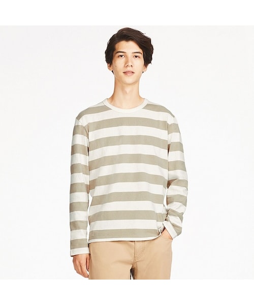 UNIQLO（ユニクロ）の「ウォッシュボーダーT（長袖）（Tシャツ/カットソー・メンズ・BLUE 68/GRAY 04/BEIGE 32・M/3XL/XS/XXL/4XL/S/L/XL）」の3枚目の写真