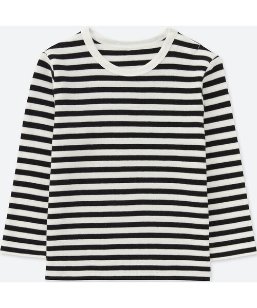 UNIQLO（ユニクロ）の「クルーネックT（ボーダー・長袖）（その他トップス・キッズ・BLUE 68/BLACK 09/BROWN 34/WINE 18・90/80/100）」の2枚目の写真