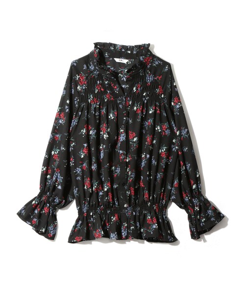 GRL(グレイル)の「フラワーフリルネックキャンディスリーブシャツ(シャツ/ブラウス・レディース・ブラック/ブルー・M)」の1枚目の写真