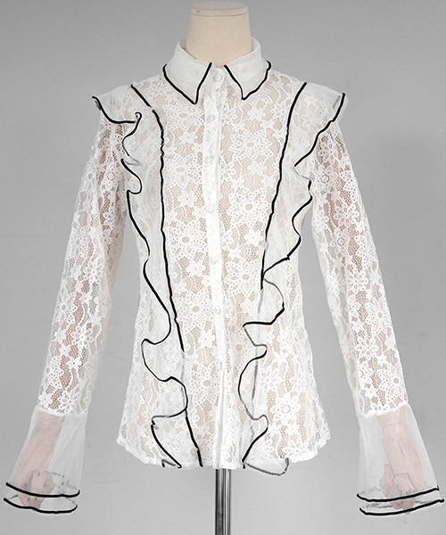 DHOLIC（ディーホリック）の「ベロアラインラッフルレースブラウス（シャツ/ブラウス・レディース・ベージュ/ホワイト・FREE）」の2枚目の写真