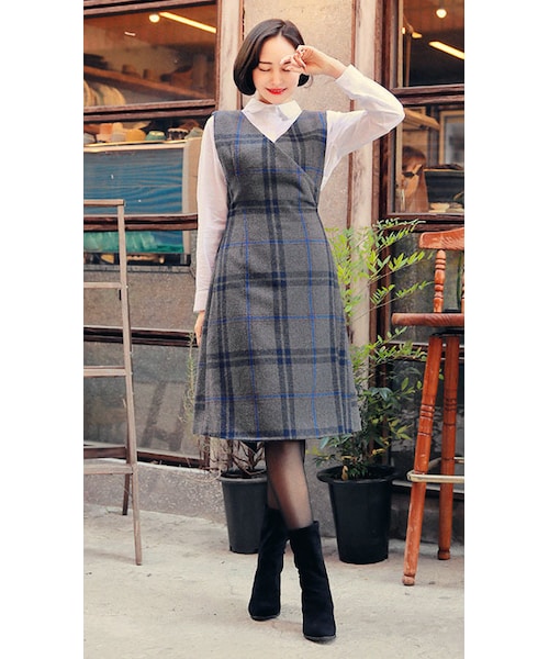 HOTPING(ホッピン)の「チェックスリーブレスラップワンピース(ワンピース・レディース・グレー・1(XS-S)/2(M-L)/3(L-XL))」の1枚目の写真