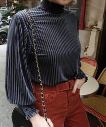 DHOLIC | ハイネックプリーツベロアブラウス(シャツ/ブラウス)