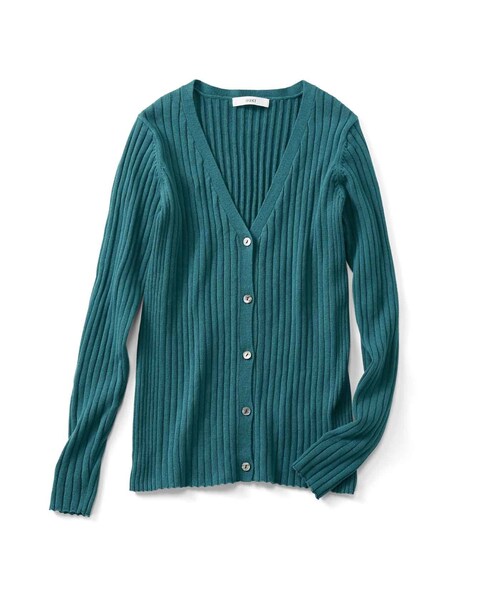 IEDIT(イディット)の「IEDIT コットンシルク素材のVネックリブニットカーディガン〈ピーコックグリーン〉(その他トップス・レディース・グリーン・S /M /L /LL/3L)」の1枚目の写真